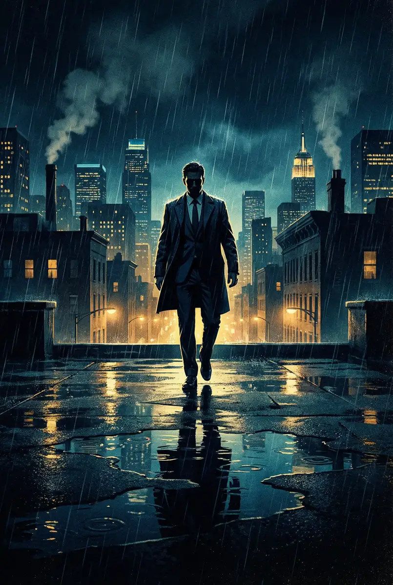 无限资源日本动漫版免费 出品影片《雨夜独行者》海报，雨中城市屋顶男性剪影